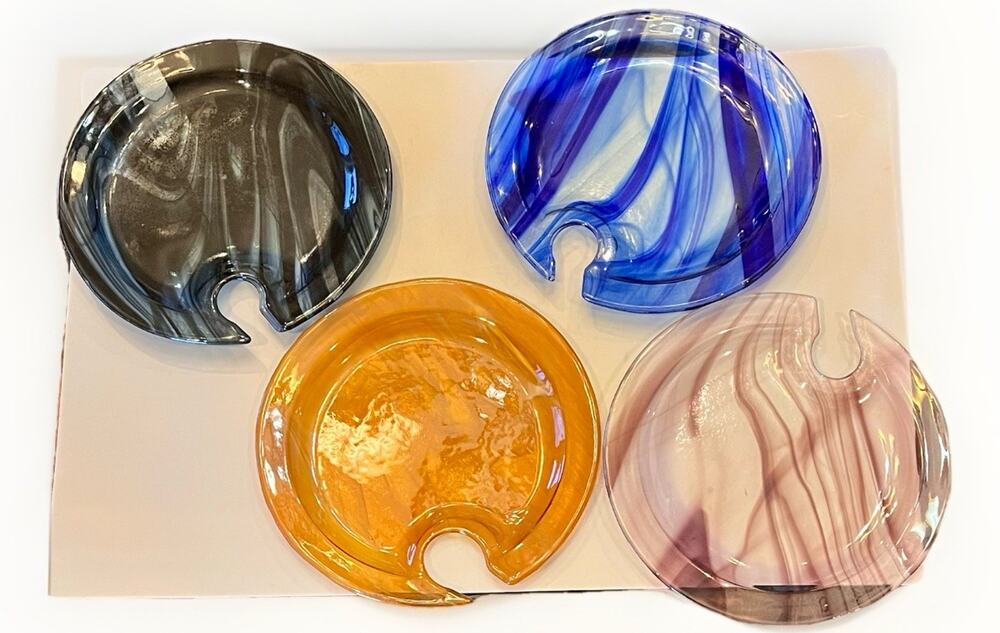 Set of 6 Hand-blown Murano Art Glass Appetizer Plates w Thumb Rest Italy NEW